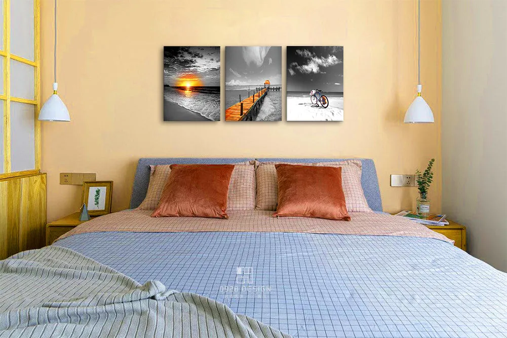 3 Pieces Canvas Wall Art Beach Pictures Wall Art Sunrise Canvas Prints Modern Black and White Landscape Painting Pictures for Bedroom Living Room Wall Decor
