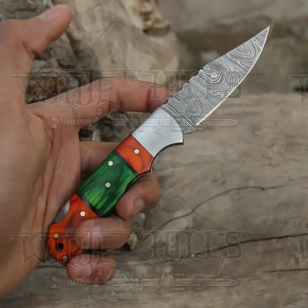 6.5" Handmade Damascus Pocket Knife - Folding Pocket Knife - Color Wood Handle WH 5032