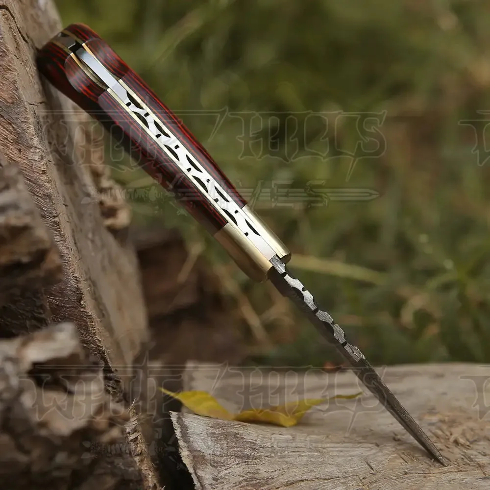 6.5" Handmade Damascus Pocket Knife - Folding Pocket Knife - Stained Wood Handle WH 5028