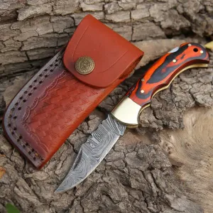 6.5" Handmade Damascus Pocket Knife - Folding Pocket Knife - Stained Wood Handle WH 5028