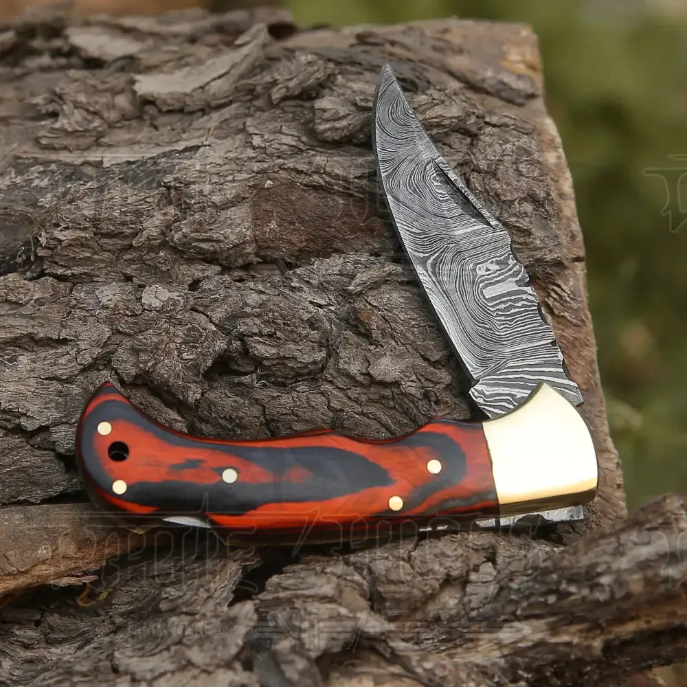 6.5" Handmade Damascus Pocket Knife - Folding Pocket Knife - Stained Wood Handle WH 5028