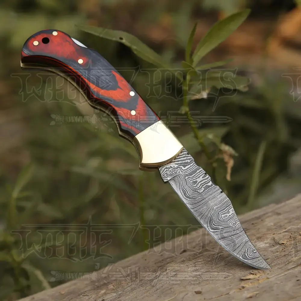 6.5" Handmade Damascus Pocket Knife - Folding Pocket Knife - Stained Wood Handle WH 5028