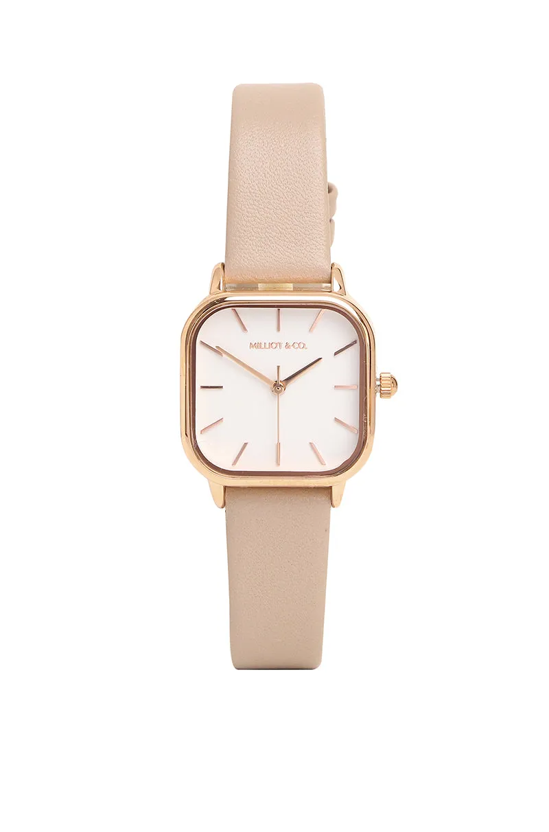 Ainsley Rose Gold Leather Strap Watch (Beige)