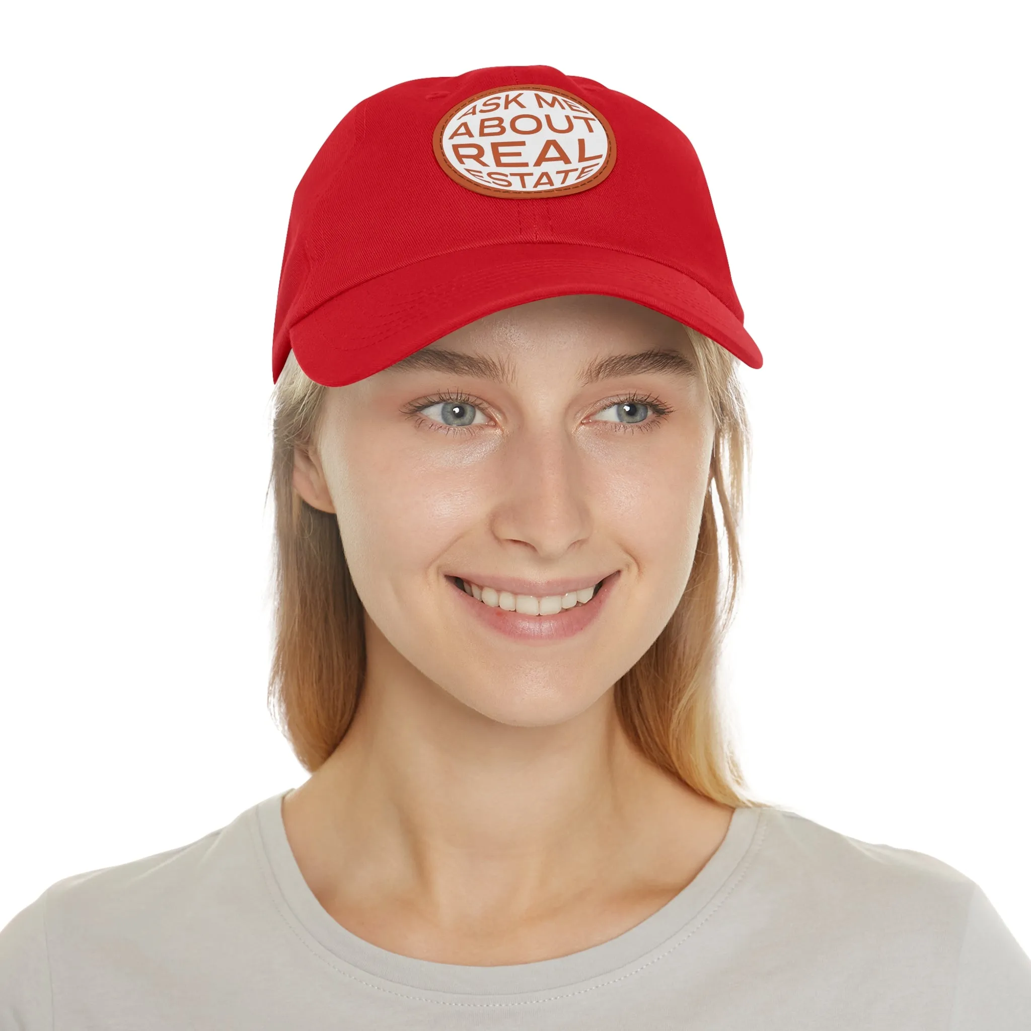 Ask Me About Real Estate Dad Hat with Leather Patch (Round)
