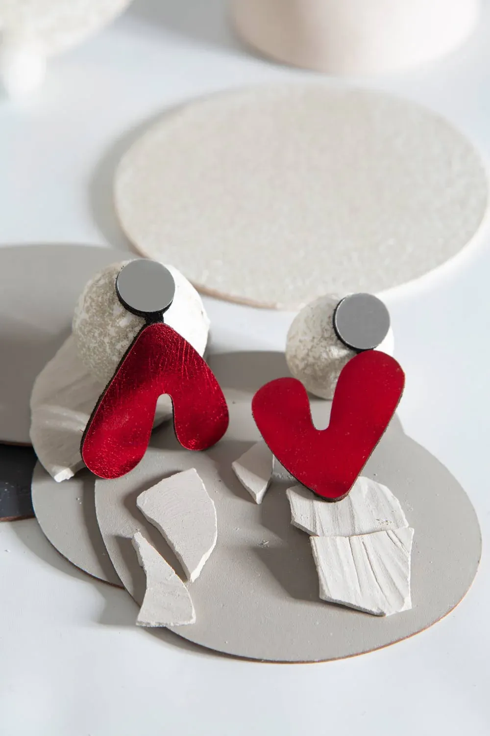 Audrey Asymmetric Earrings in Silver&Red