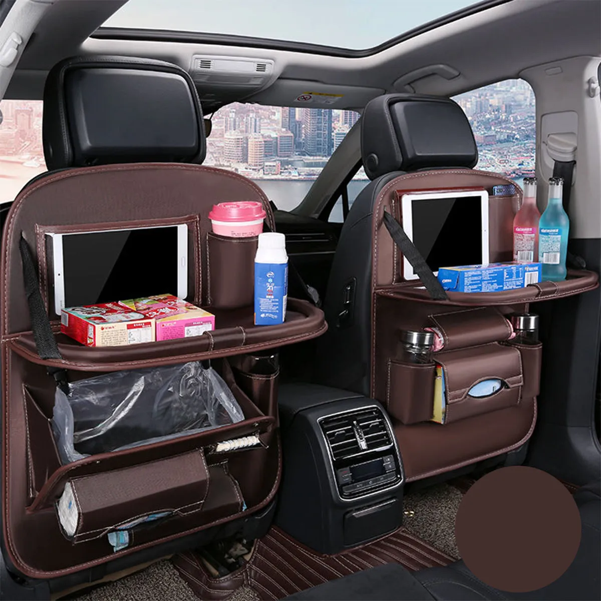 Backseat Organizer With Tablet Holder PU Leather, Custom Fit For Your Cars, Backseat Car Organizer, Car Seat Back Protectors Kick With Foldable Table Tray Car Seat Organizer, Car Accessories LM15987