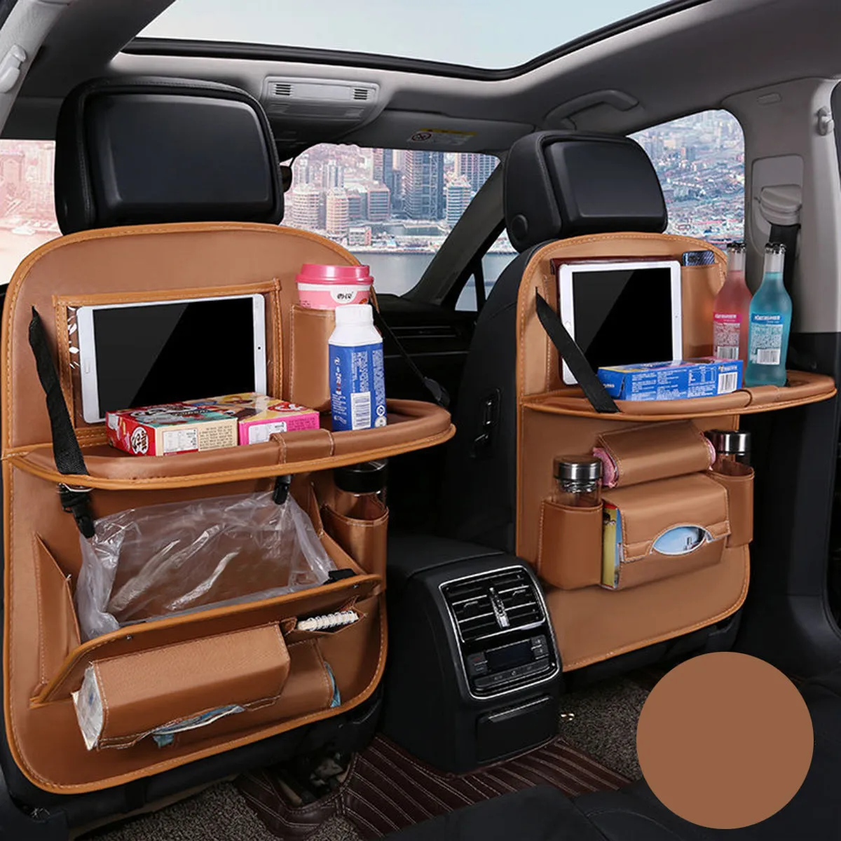 Backseat Organizer With Tablet Holder PU Leather, Custom Fit For Your Cars, Backseat Car Organizer, Car Seat Back Protectors Kick With Foldable Table Tray Car Seat Organizer, Car Accessories LM15987