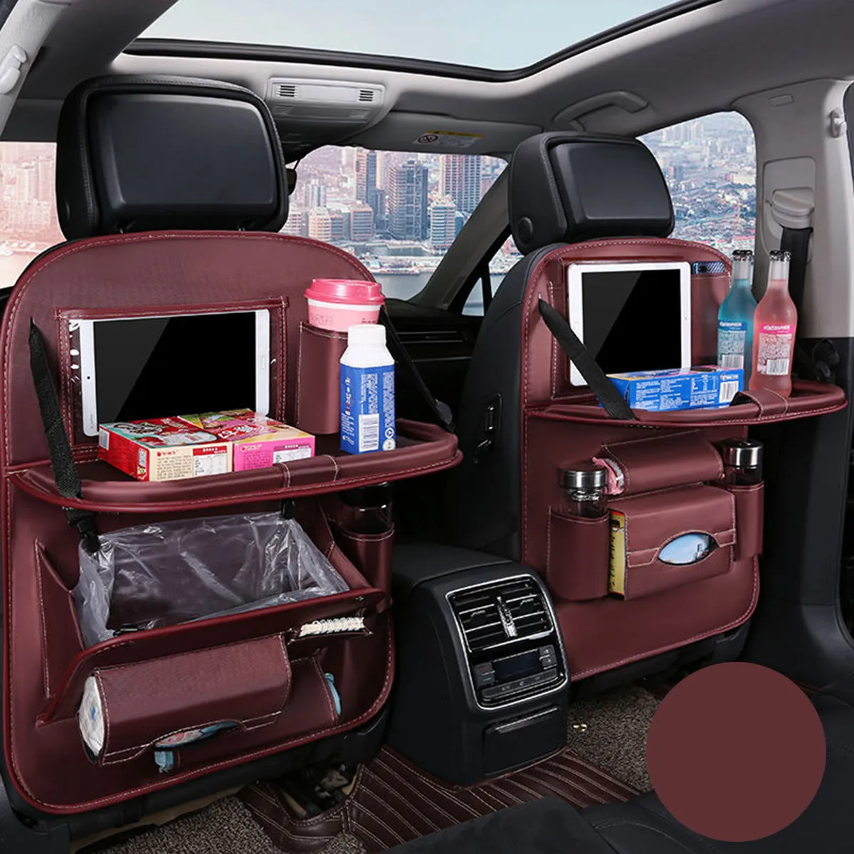 Backseat Organizer With Tablet Holder PU Leather, Custom Fit For Your Cars, Backseat Car Organizer, Car Seat Back Protectors Kick With Foldable Table Tray Car Seat Organizer, Car Accessories LM15987
