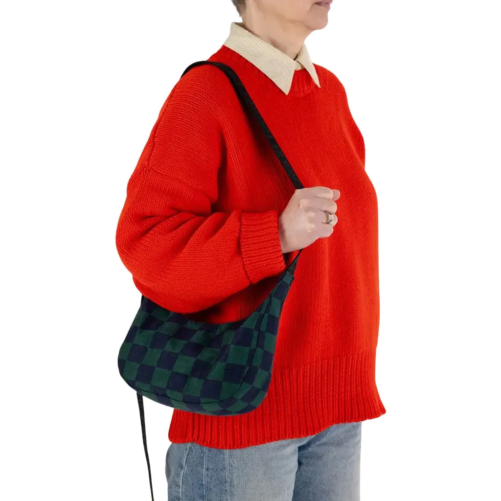 Baggu Small Nylon Crescent Bag, Navy Green Check