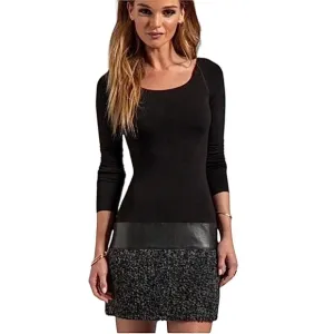 Bailey 44 Black Tweed Faux Leather Dress Women’s Size XS Mini Long Sleeves