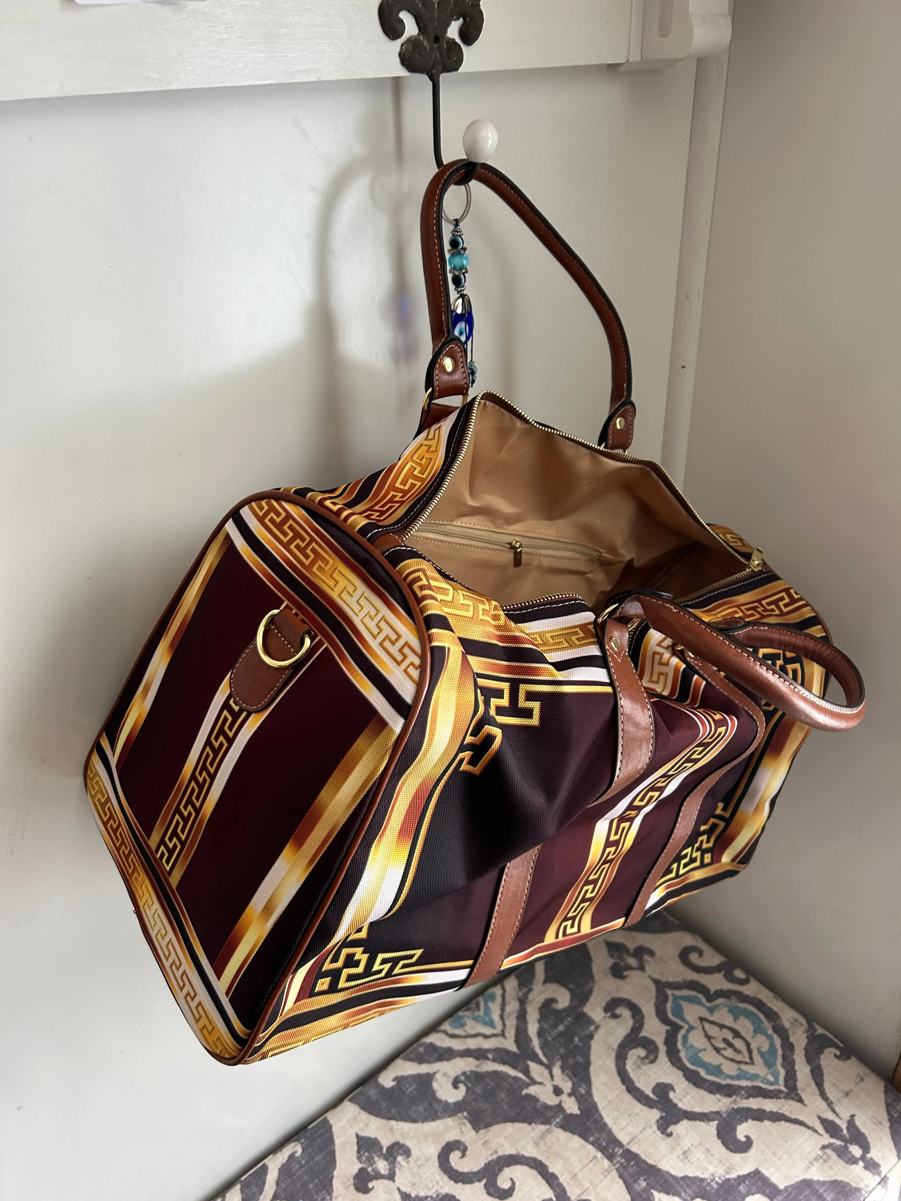Baroque Ornate Gold Greek Key Black Waterproof Travel Bag