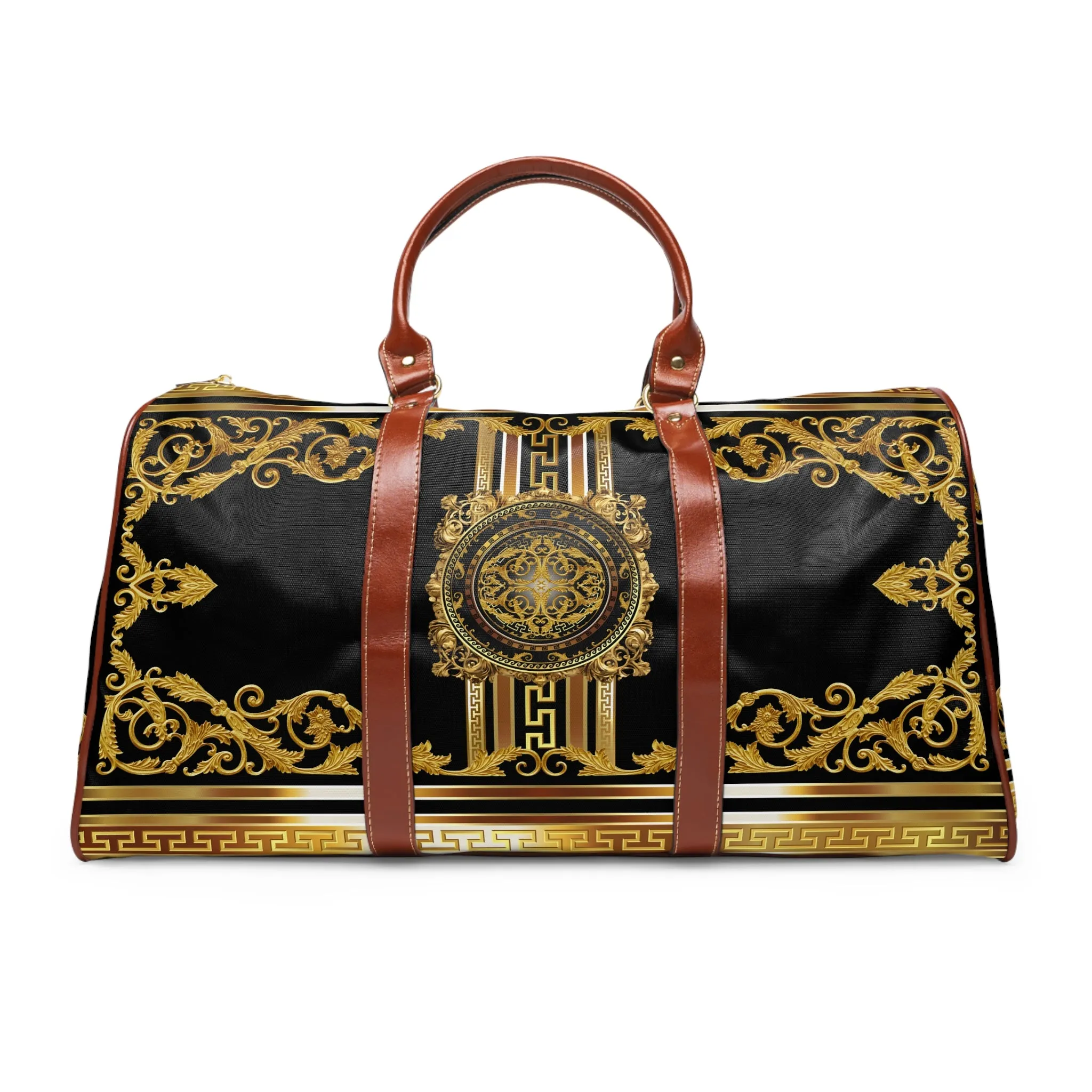 Baroque Ornate Gold Greek Key Black Waterproof Travel Bag