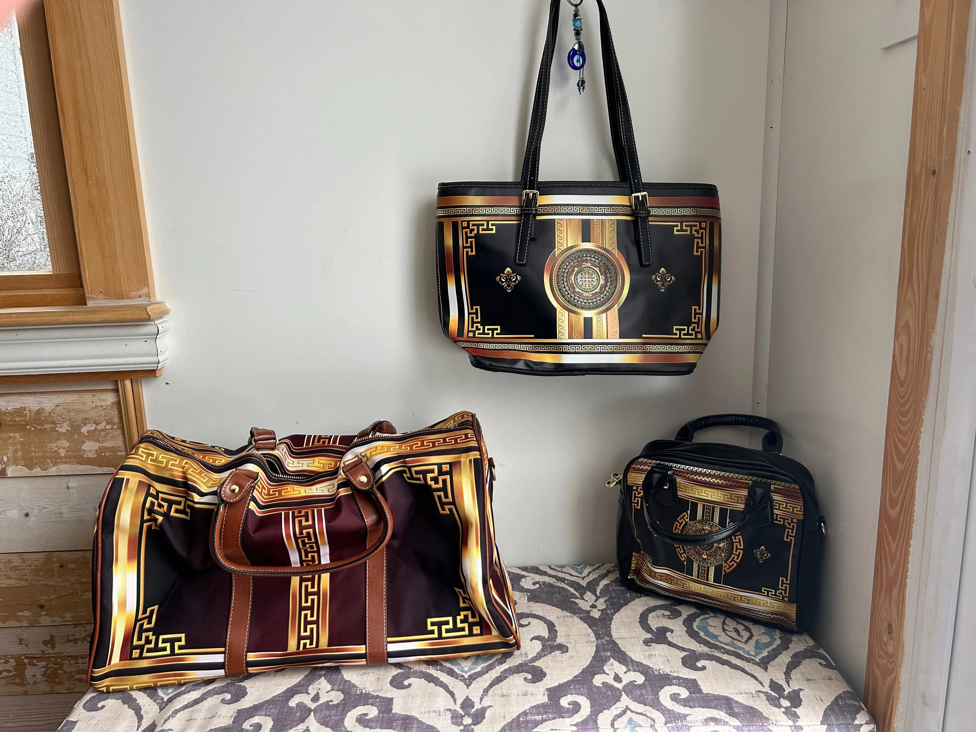 Baroque Ornate Gold Greek Key Black Waterproof Travel Bag