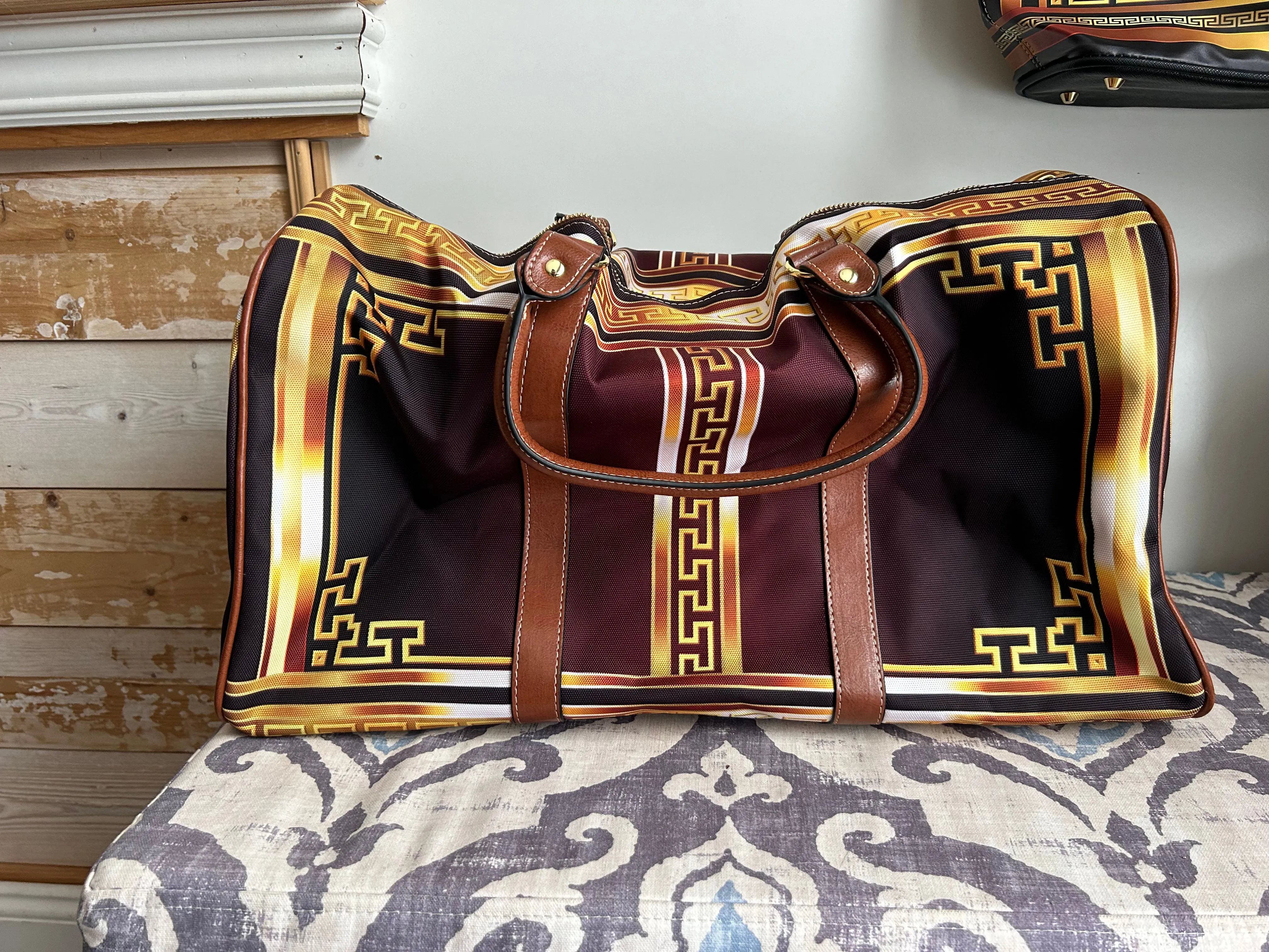 Baroque Ornate Gold Greek Key Black Waterproof Travel Bag