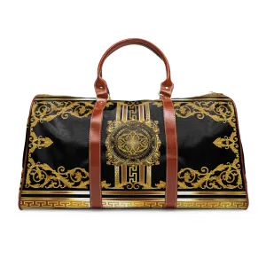 Baroque Ornate Gold Greek Key Black Waterproof Travel Bag