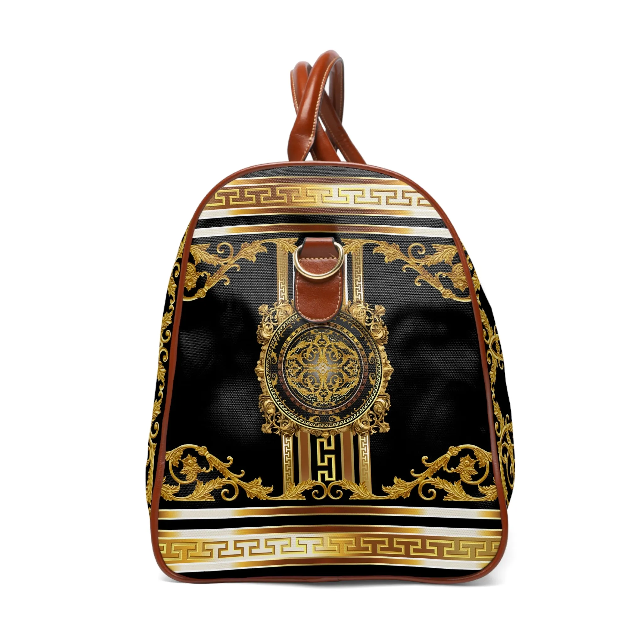 Baroque Ornate Gold Greek Key Black Waterproof Travel Bag