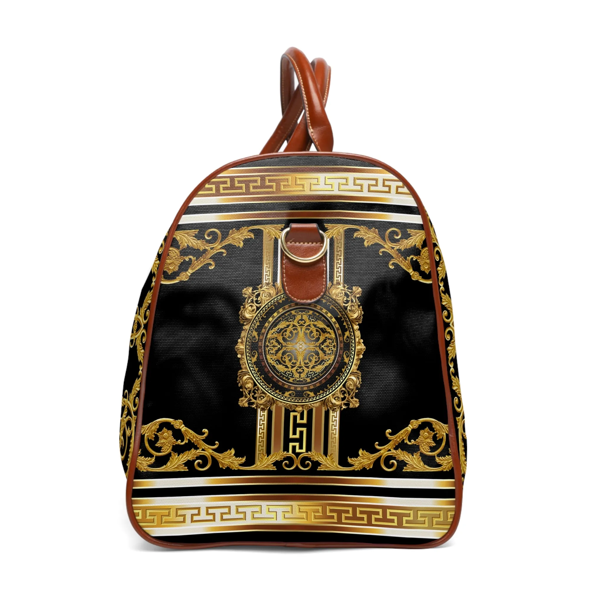 Baroque Ornate Gold Greek Key Black Waterproof Travel Bag