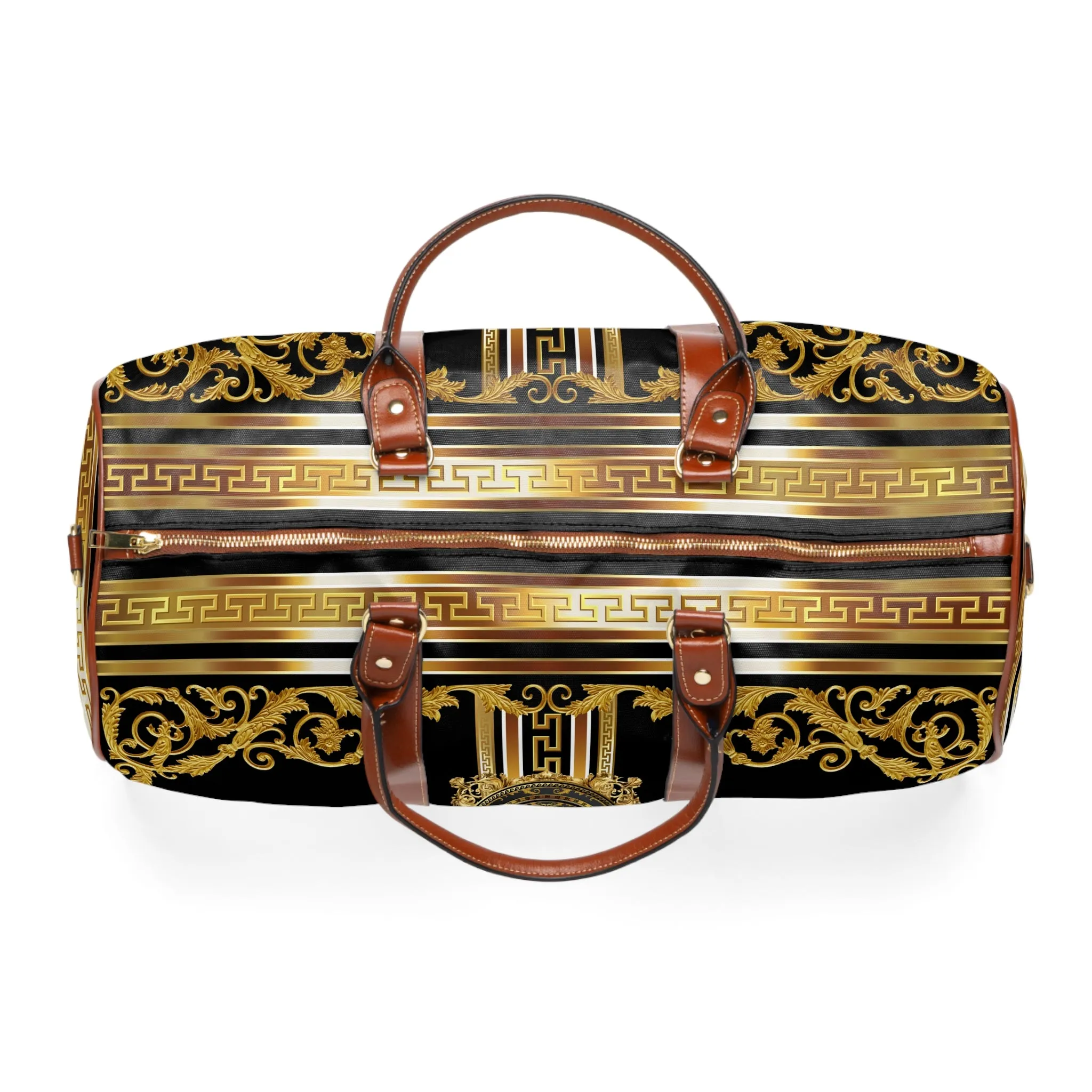 Baroque Ornate Gold Greek Key Black Waterproof Travel Bag