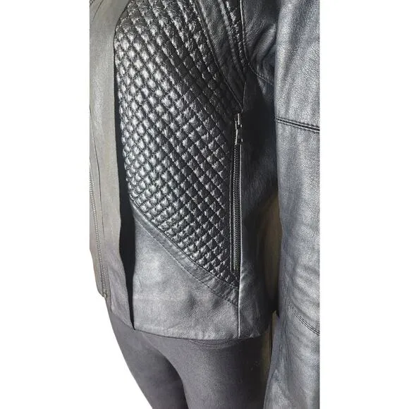 Bcbgmaxazria Misa women's black qulited mobwife faux leather jacket Sz Medium