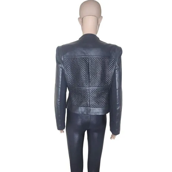 Bcbgmaxazria Misa women's black qulited mobwife faux leather jacket Sz Medium