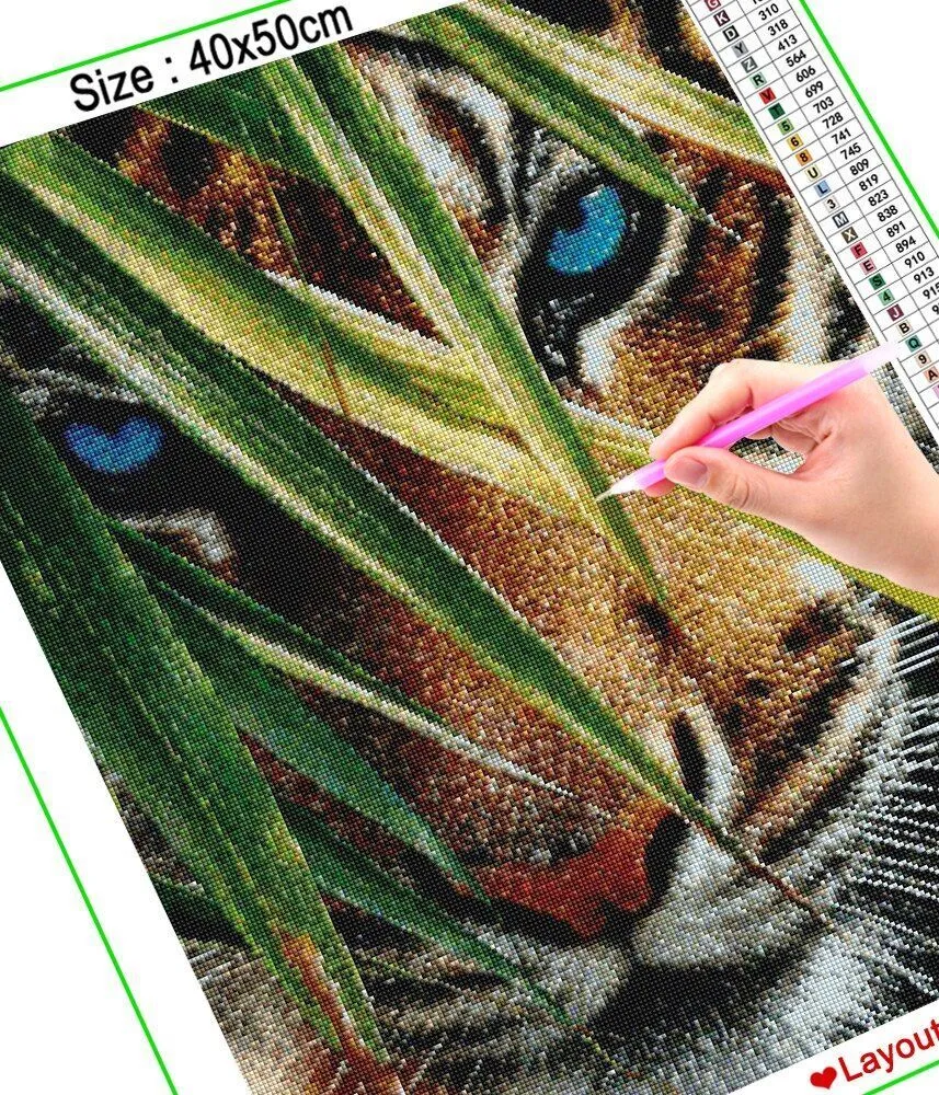 Beautiful Blue-Eyed Tiger & Leaves Diamond Painting Kit for Kids & Adults, 5D Full Drill Round