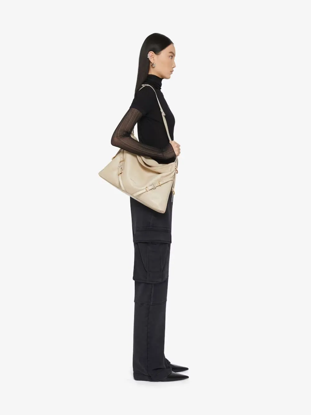 Beige Medium Voyou Leather Shoulder Bag