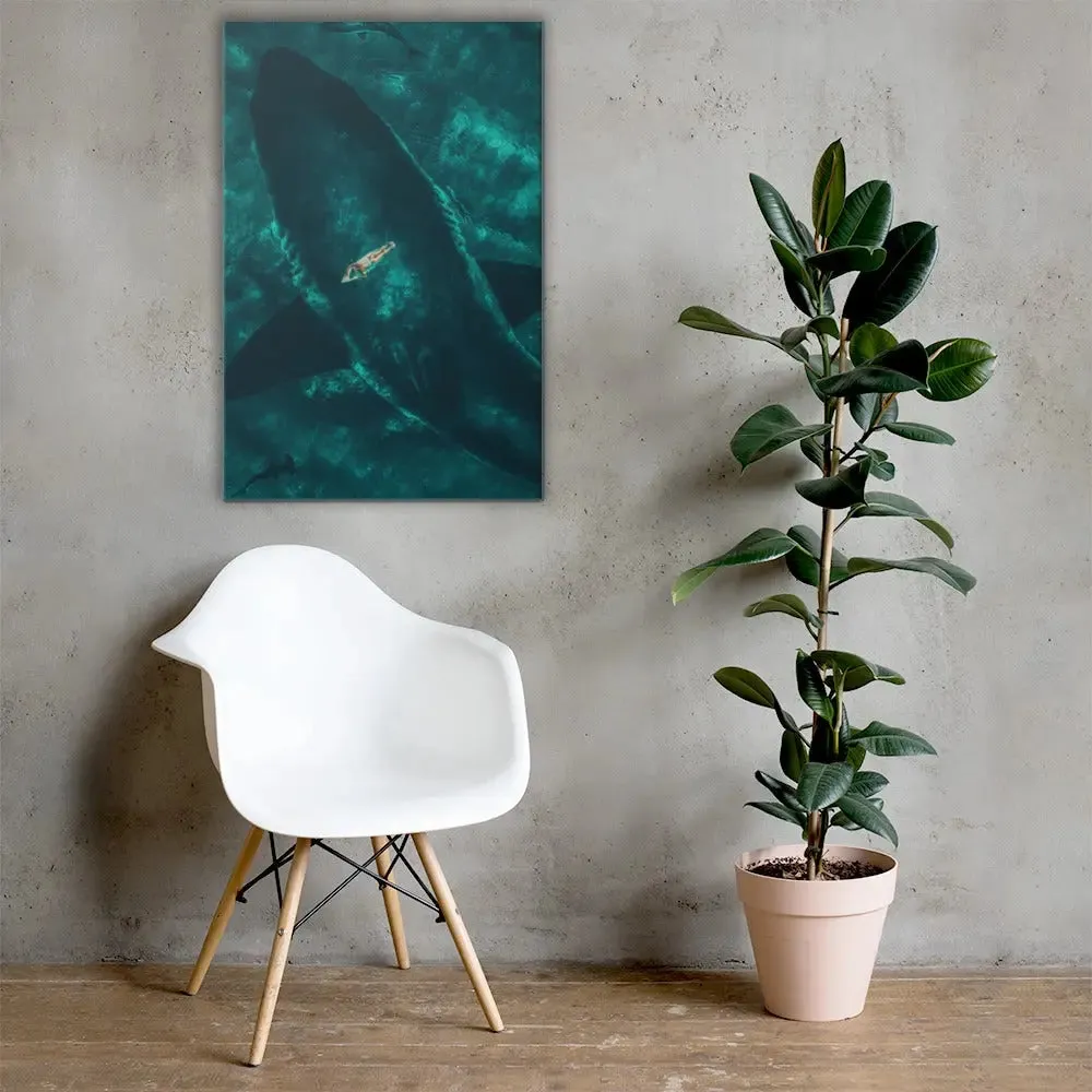 Beneath the Surface – Woman on a Surfboard Above a Massive Shark Canvas Print