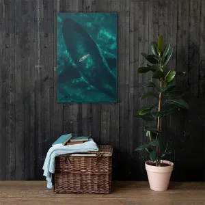 Beneath the Surface – Woman on a Surfboard Above a Massive Shark Canvas Print