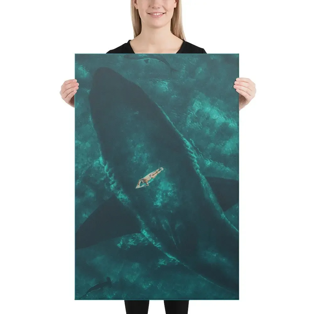 Beneath the Surface – Woman on a Surfboard Above a Massive Shark Canvas Print