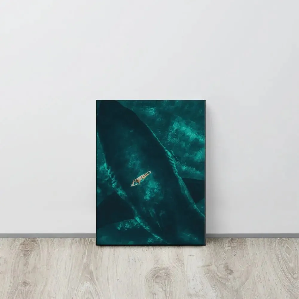 Beneath the Surface – Woman on a Surfboard Above a Massive Shark Canvas Print