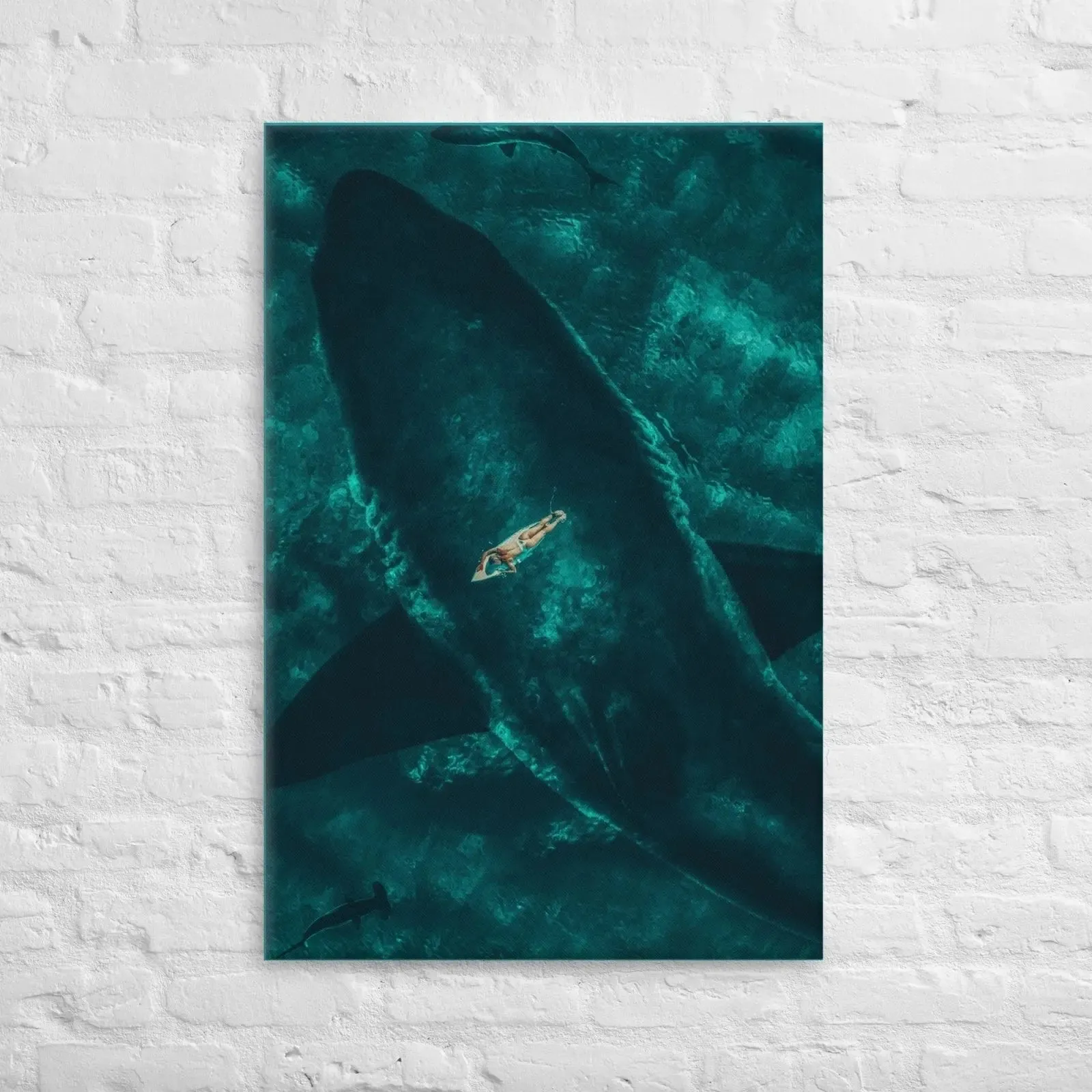 Beneath the Surface – Woman on a Surfboard Above a Massive Shark Canvas Print