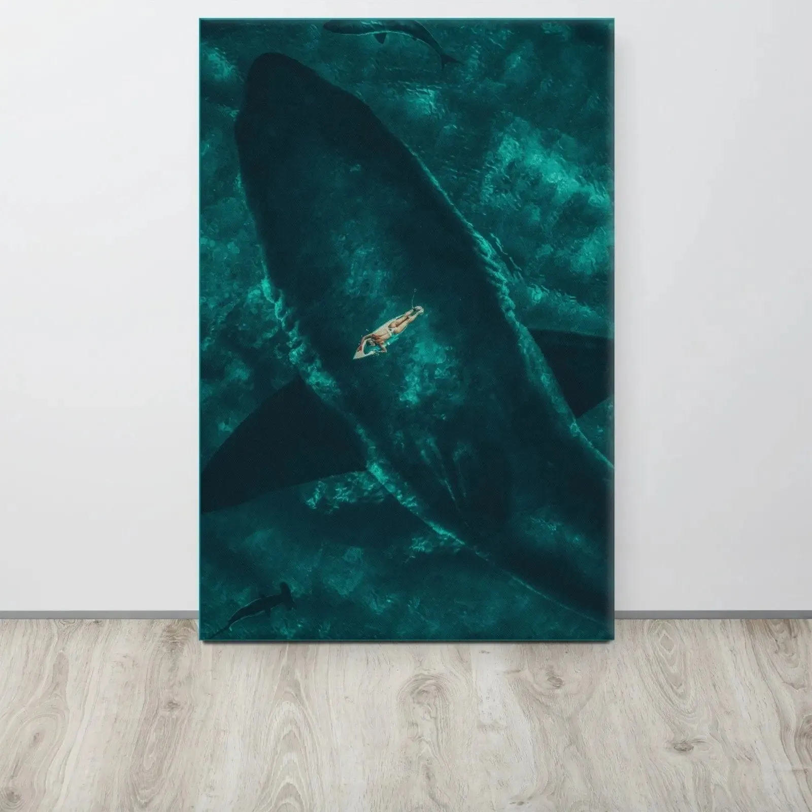 Beneath the Surface – Woman on a Surfboard Above a Massive Shark Canvas Print
