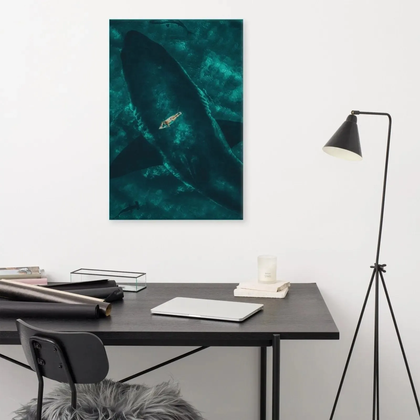 Beneath the Surface – Woman on a Surfboard Above a Massive Shark Canvas Print