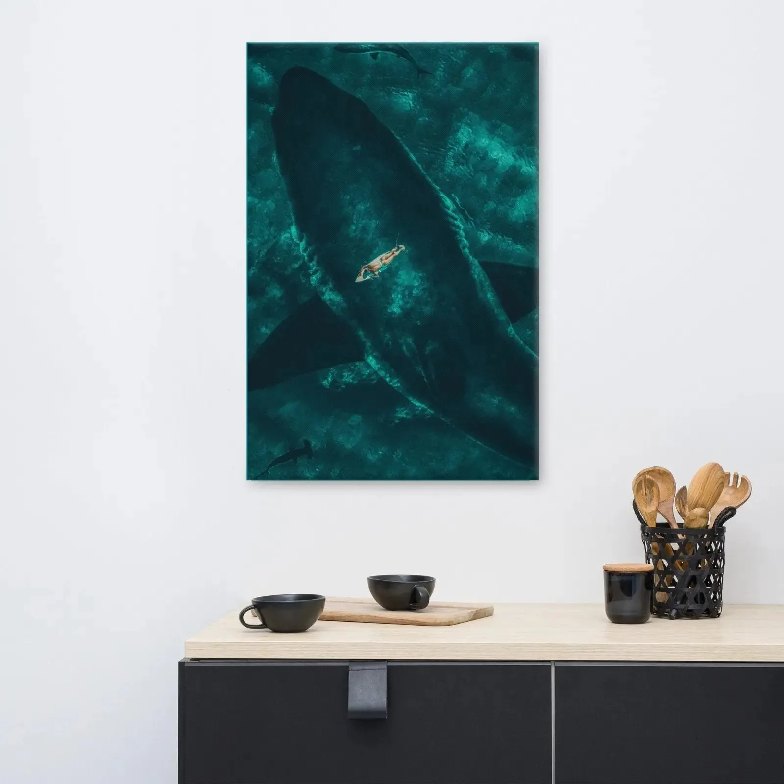 Beneath the Surface – Woman on a Surfboard Above a Massive Shark Canvas Print