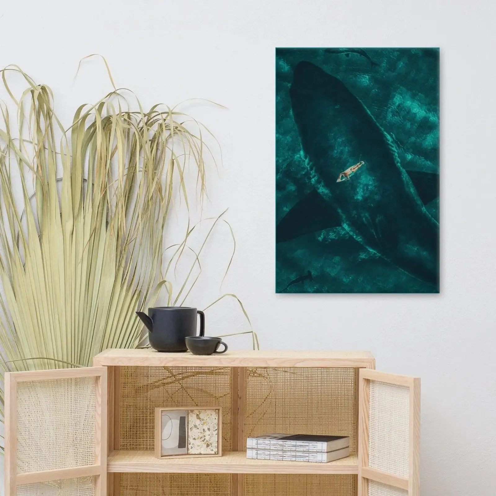 Beneath the Surface – Woman on a Surfboard Above a Massive Shark Canvas Print