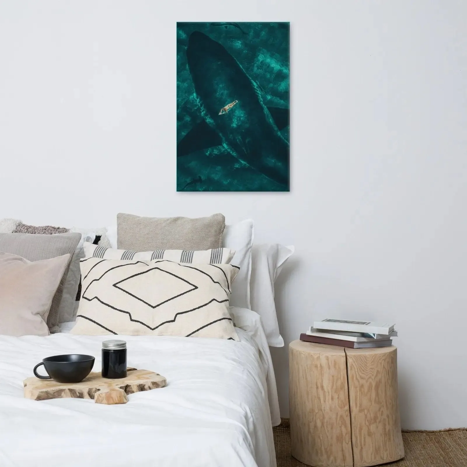 Beneath the Surface – Woman on a Surfboard Above a Massive Shark Canvas Print