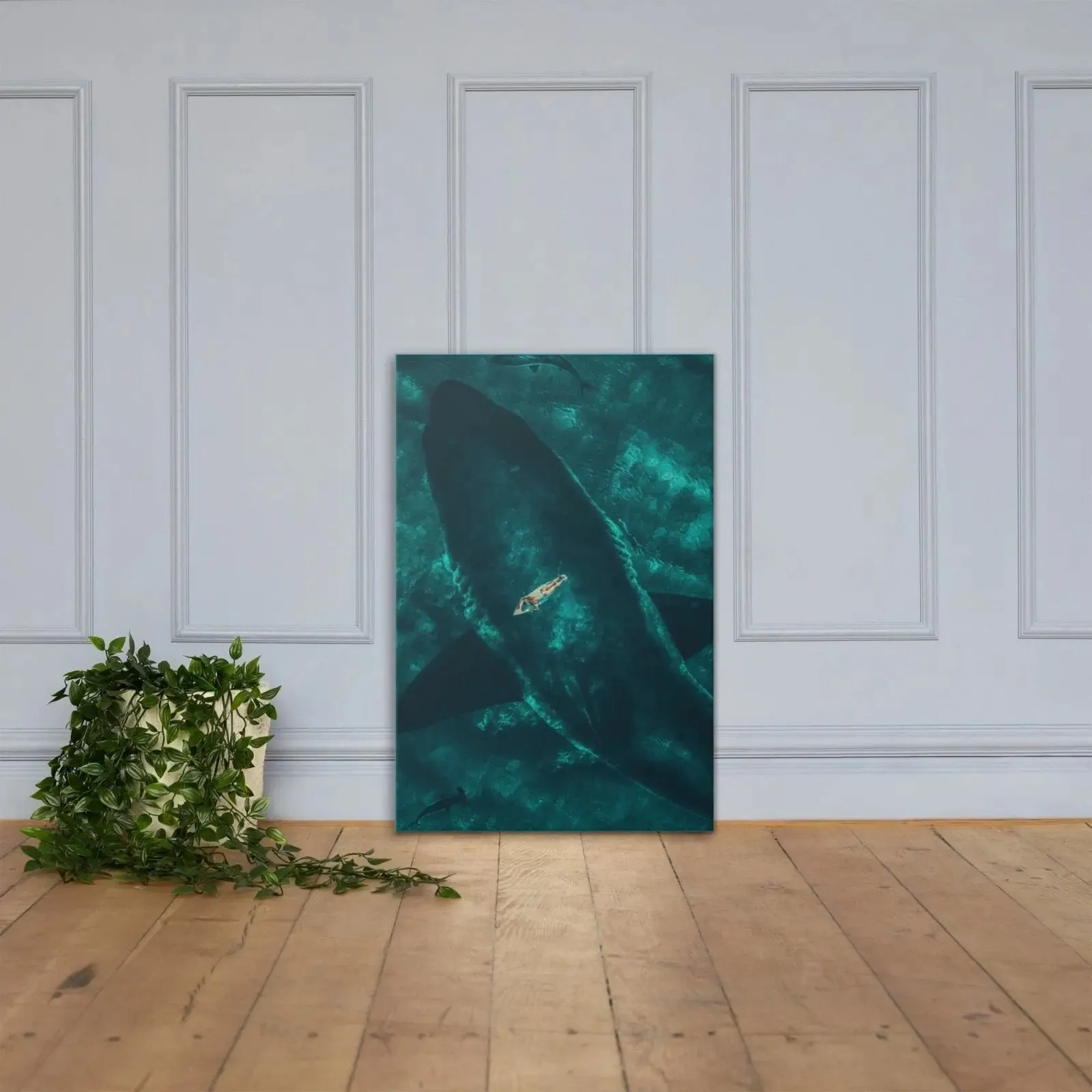 Beneath the Surface – Woman on a Surfboard Above a Massive Shark Canvas Print