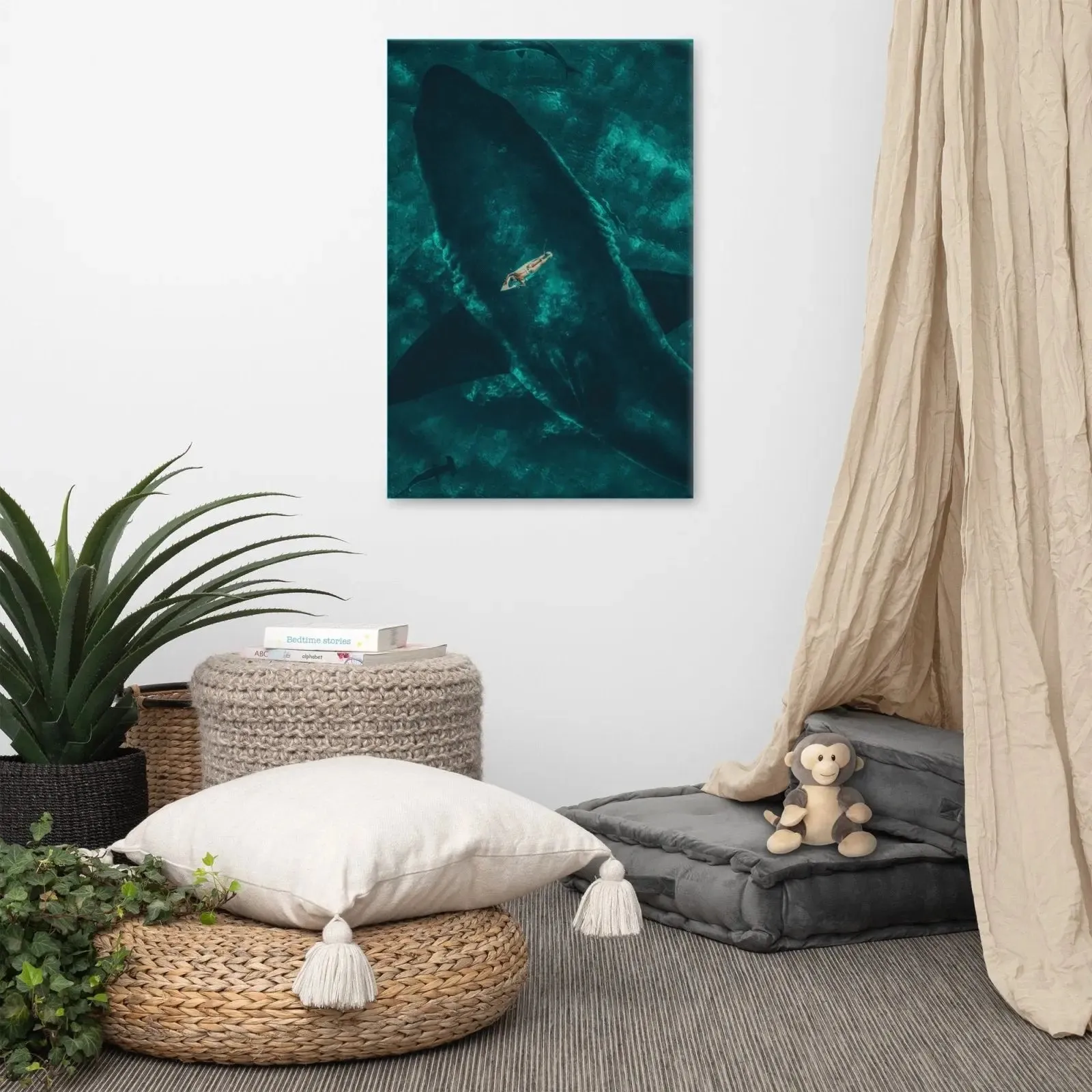 Beneath the Surface – Woman on a Surfboard Above a Massive Shark Canvas Print