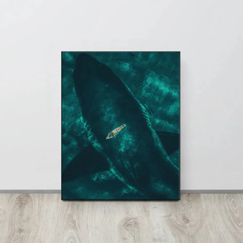 Beneath the Surface – Woman on a Surfboard Above a Massive Shark Canvas Print
