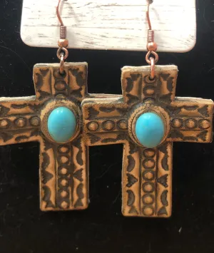 BG30952 Earrings Leather Cross w/ Blue Stone