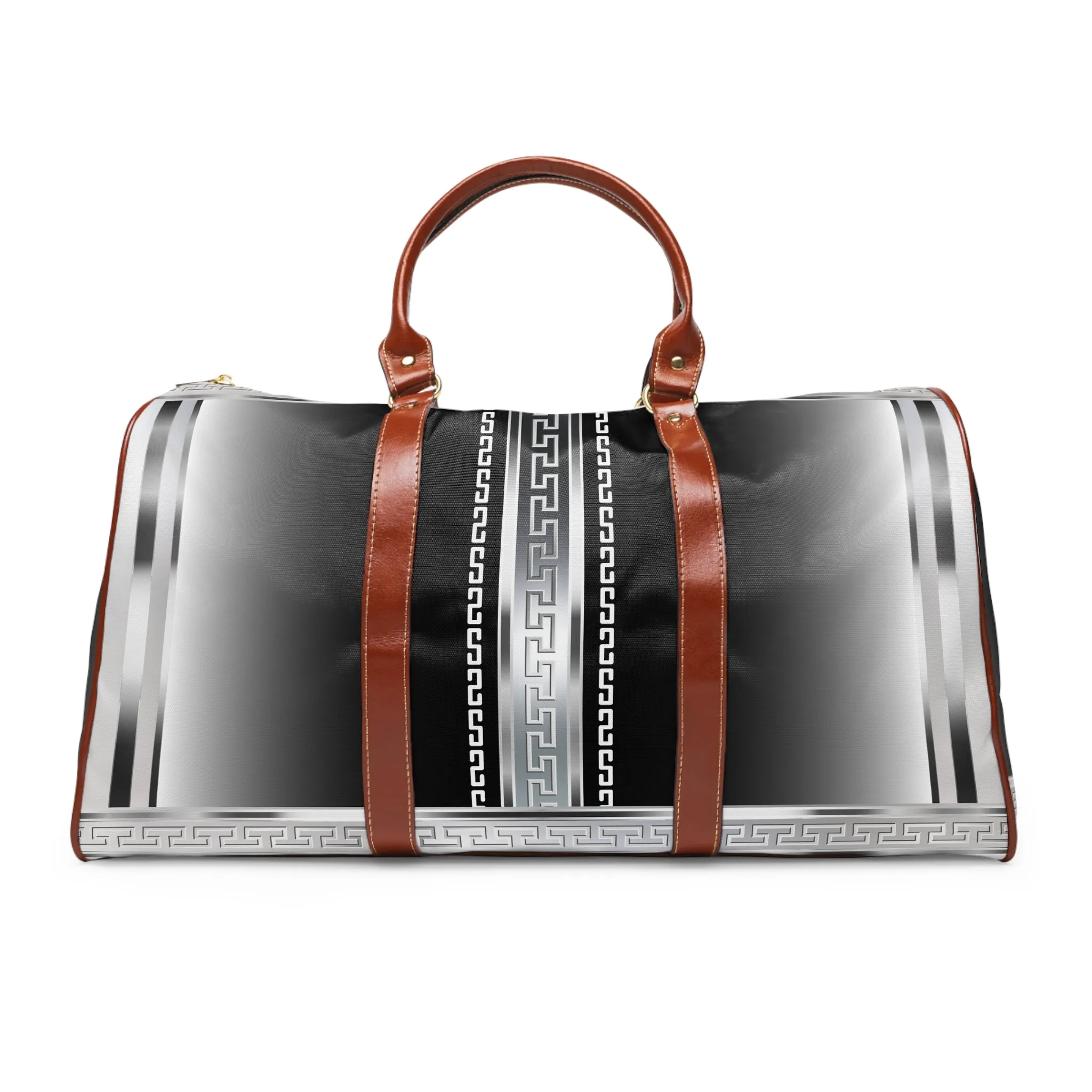 Black and Silver Greek Keys Waterproof Travel Bag