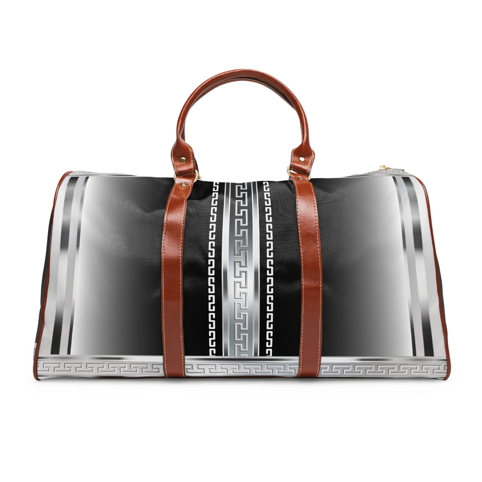 Black and Silver Greek Keys Waterproof Travel Bag