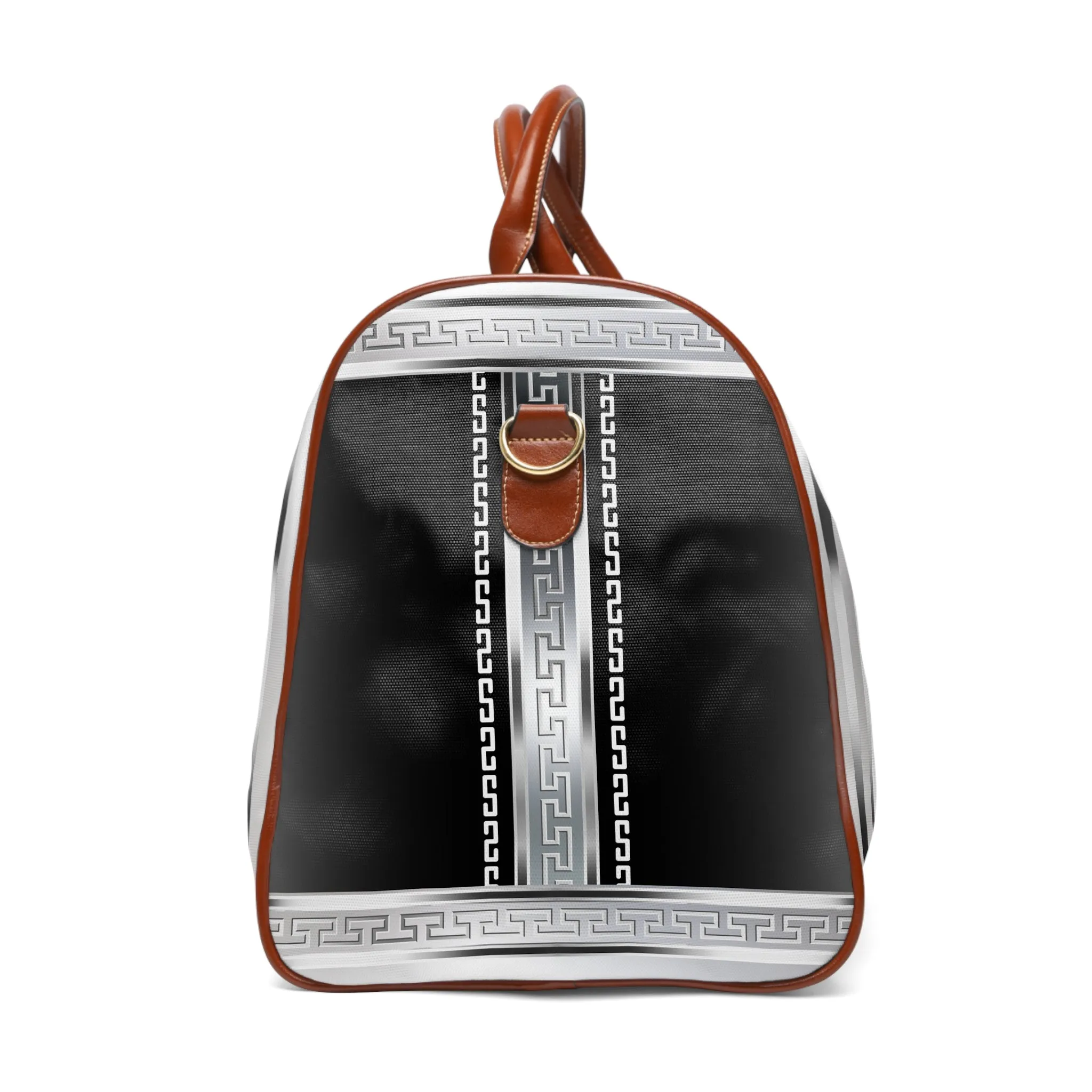 Black and Silver Greek Keys Waterproof Travel Bag