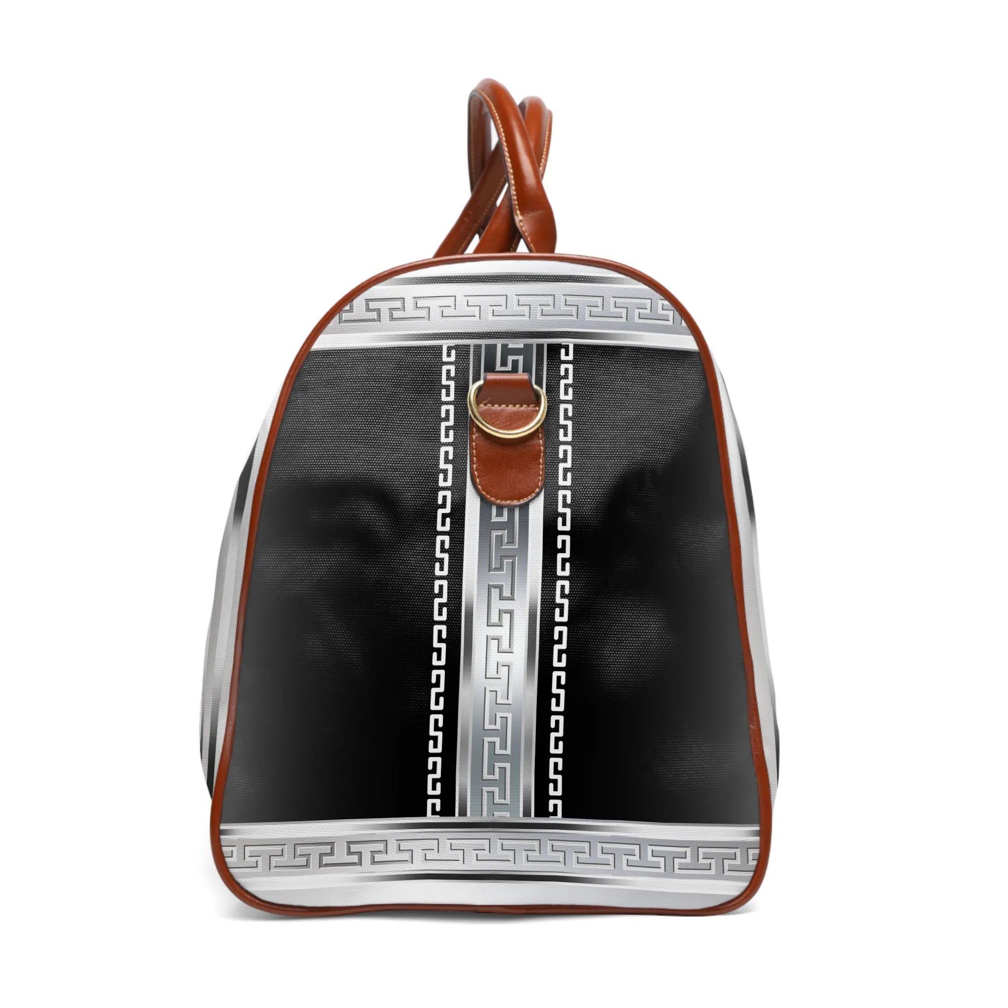 Black and Silver Greek Keys Waterproof Travel Bag