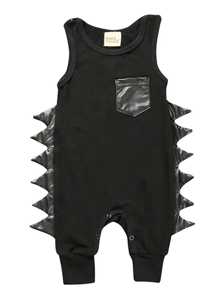 Black Dino Baby Romper with Faux Leather Dino Spikes