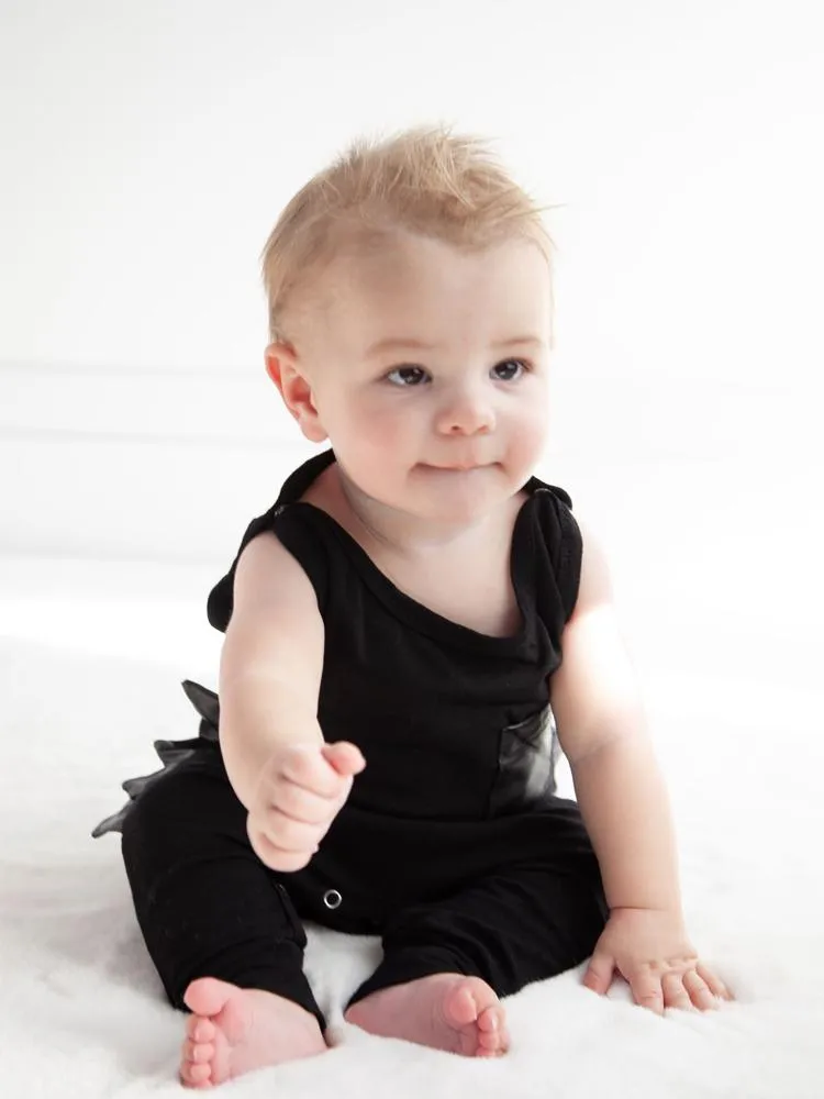 Black Dino Baby Romper with Faux Leather Dino Spikes