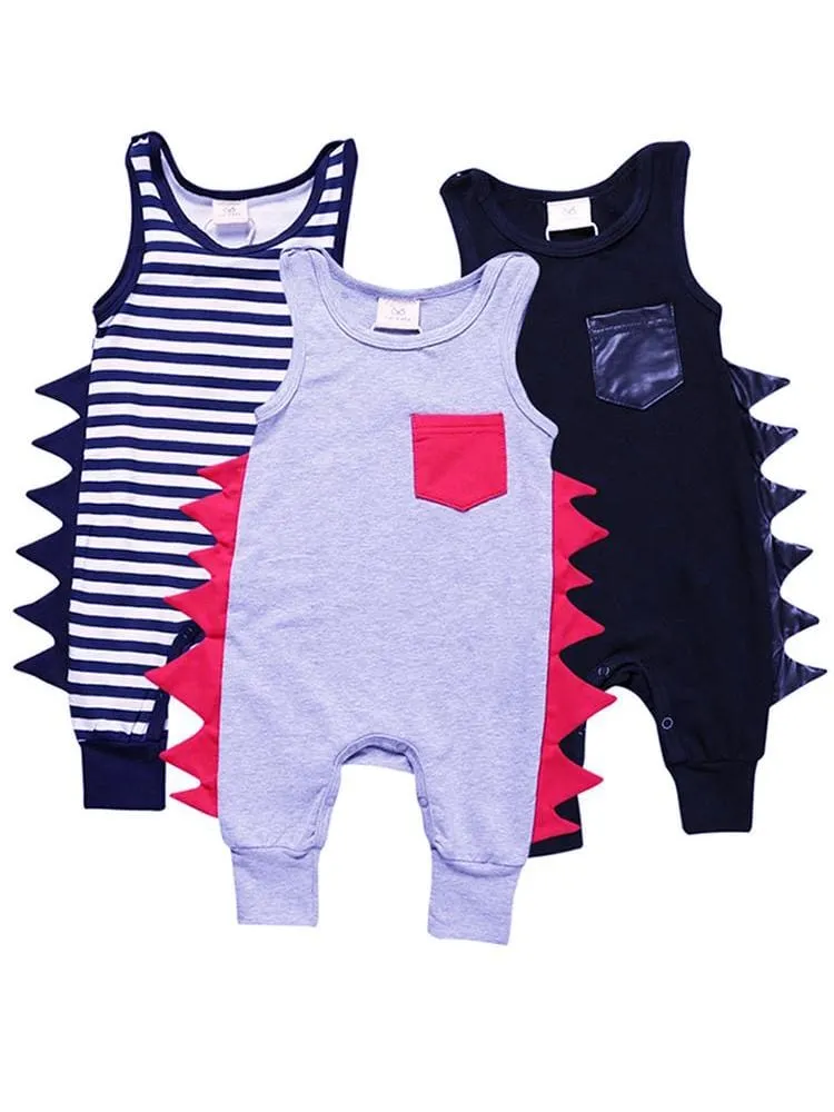 Black Dino Baby Romper with Faux Leather Dino Spikes