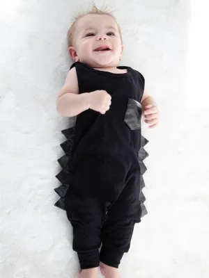 Black Dino Baby Romper with Faux Leather Dino Spikes