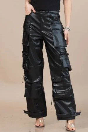 Black Faux Leather Cargo Pant