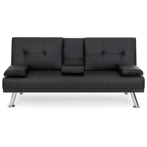 Black Faux Leather Convertible Sofa Futon with 2 Cup Holders